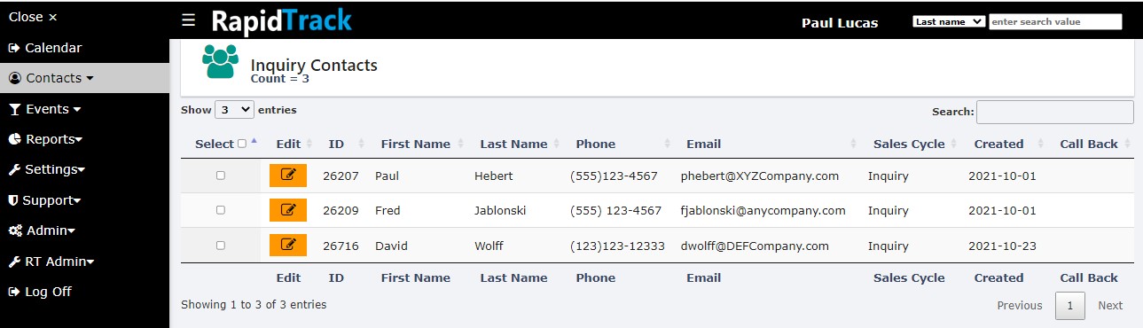 RapidTrack Contact Listing